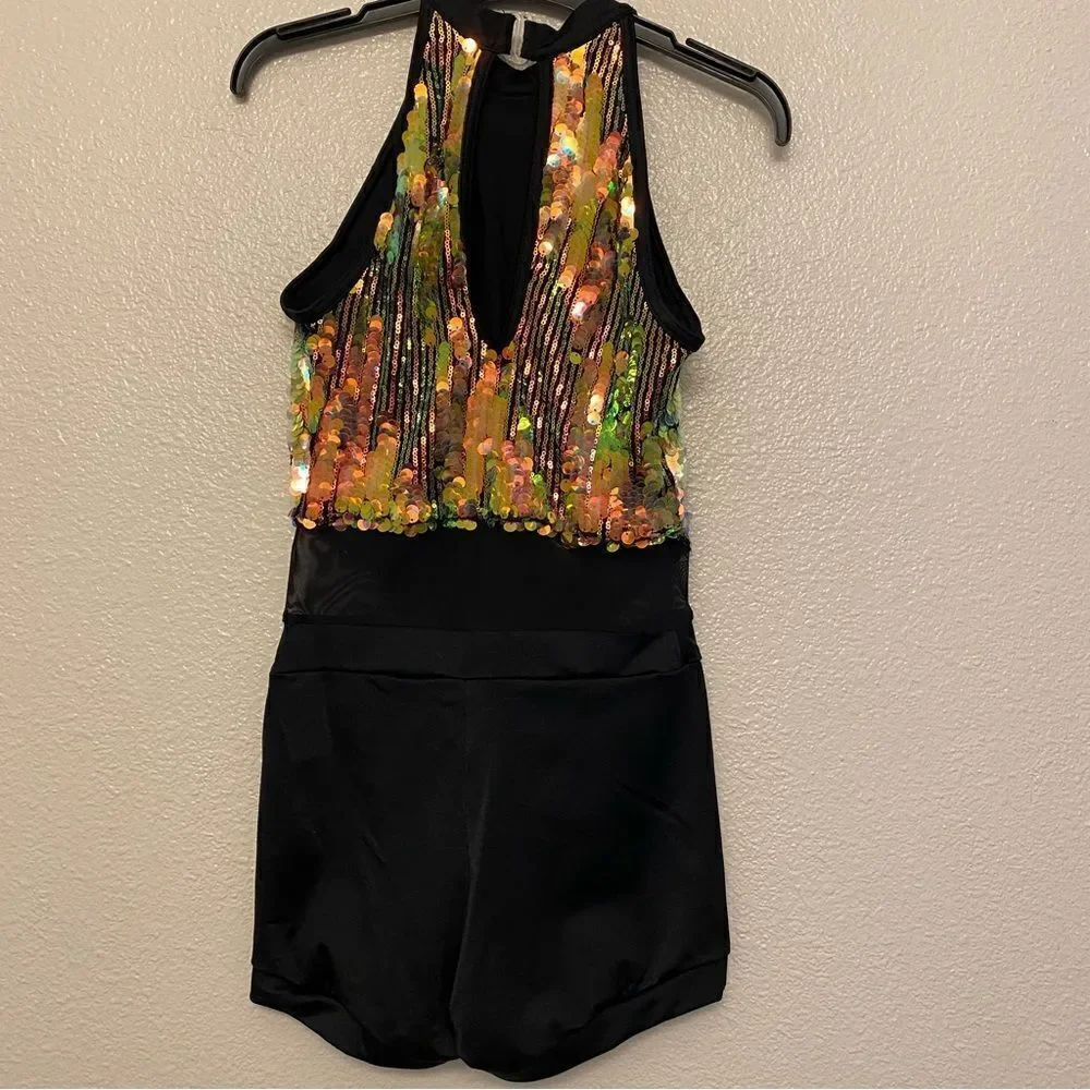 WEISSMAN Dance costume jazz black mesh gold sequin We Will Rock You 14757 SA